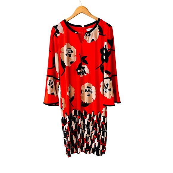 Calvin Klein Red Floral Bell Sleeve Sheath Dress Size L Large - Picture 1 of 6